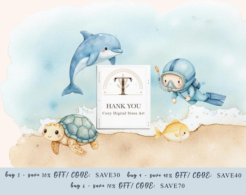 May include: A digital printable thank you card with a watercolor illustration of a dolphin, a turtle, a scuba diver, and a fish. The card has a light blue background with white clouds and a light blue border. The text on the card reads "Thank You Cozy Digital Store Art".