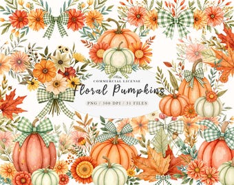 May include: Watercolor illustration featuring pumpkins, flowers, and fall foliage. The design includes orange, white, and green pumpkins, surrounded by orange and yellow flowers, green bows, and autumn leaves. Text reads "Floral Pumpkins".