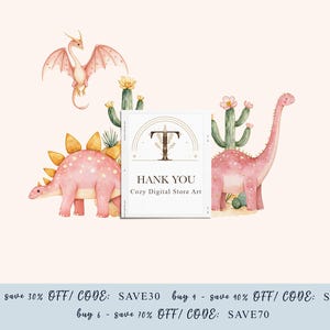 Thank you card preview with pink watercolor stegosaurus, long neck dinosaur, cactus and flying pterodactyl, plus discount code banner for cute dino clipart buyers.