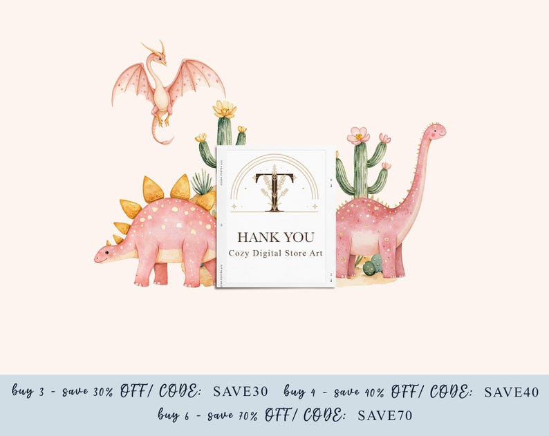 Thank you card preview with pink watercolor stegosaurus, long neck dinosaur, cactus and flying pterodactyl, plus discount code banner for cute dino clipart buyers.