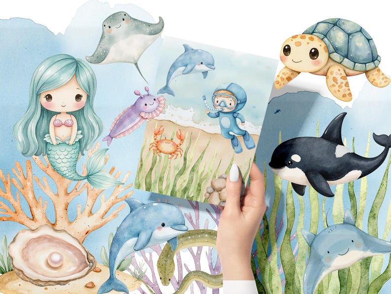 May include: Watercolor illustration of various sea creatures, including a mermaid, a dolphin, a stingray, a sea turtle, an orca, and a crab. The illustration is set against a blue background with coral and seaweed.