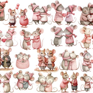 May include: A digital illustration of 16 pairs of mice in love. The mice are wearing pink and red hats, scarves, and sweaters. Some are holding hearts, flowers, and cups of tea. The mice are all smiling and looking at each other.