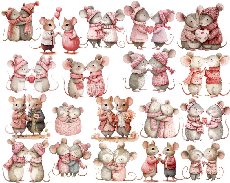 May include: A digital illustration of 16 pairs of mice in love. The mice are wearing pink and red hats, scarves, and sweaters. Some are holding hearts, flowers, and cups of tea. The mice are all smiling and looking at each other.
