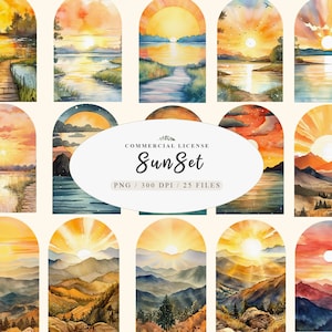 May include: A collection of 12 watercolor paintings of sunsets, each framed in an arch shape. The scenes depict various landscapes, including mountains, lakes, and pathways, all bathed in warm hues of orange, yellow, and red. The text "SunSet" is visible.