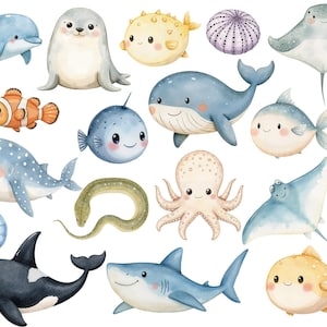 May include: Watercolor illustration of various sea creatures, including a blue whale, a starfish, a seahorse, a pufferfish, a shark, a stingray, a dolphin, a sea turtle, an octopus, and a jellyfish. The illustration is painted in a whimsical style with bright colors and playful details.