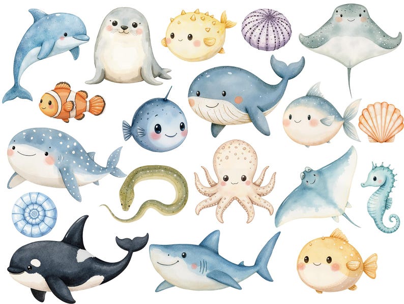 May include: Watercolor illustration of various sea creatures, including a blue whale, a starfish, a seahorse, a pufferfish, a shark, a stingray, a dolphin, a sea turtle, an octopus, and a jellyfish. The illustration is painted in a whimsical style with bright colors and playful details.