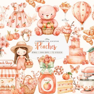 Watercolor cute peaches garden fruit clipart bundle, Peach blush blossom tree clipart, Summertime peach fruit clipart, Peaches fruit clipart