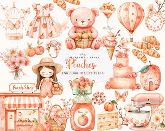 Watercolor cute peaches garden fruit clipart bundle, Peach blush blossom tree clipart, Summertime peach fruit clipart, Peaches fruit clipart