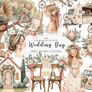 Boho getrouwd trouwdag clipart, rustieke bruidshuwelijk clipart, bruidstaart auto cadeau clipart, Boho trouwlocatie bloemen png, bruid bruidegom