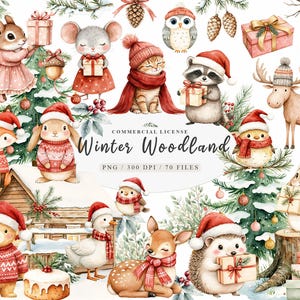 Aquarell süß Weihnachten niedlichen Waldtiere Png, Baby Winter Waldtiere Clipart Bundle, Winter Hirsch Clipart, Weihnachten Tiere Clipart