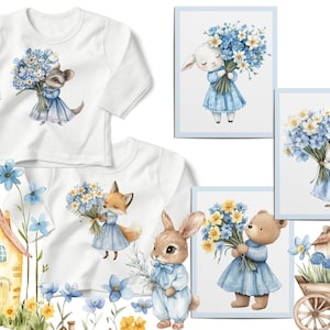 May include: Four different designs featuring watercolour illustrations of animals holding bouquets of blue and white flowers. The animals include a fox, a rabbit, a bear, and a lamb. Each design is on a white t-shirt or a card with a light blue border.