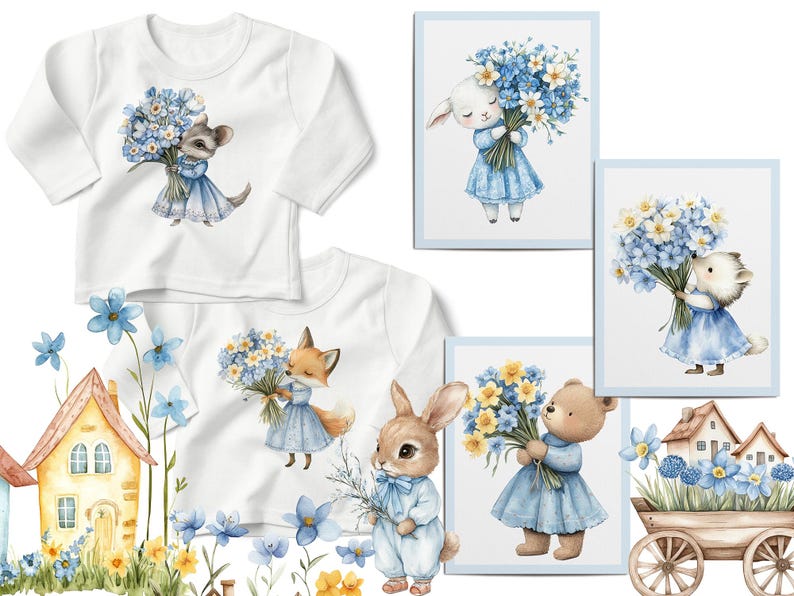 May include: Four different designs featuring watercolour illustrations of animals holding bouquets of blue and white flowers. The animals include a fox, a rabbit, a bear, and a lamb. Each design is on a white t-shirt or a card with a light blue border.