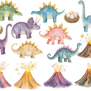 Dinosaur nursery PNG elements with watercolor baby dinosaurs, speckled eggs in nests and colorful erupting volcanoes, arranged as separate printable clipart pieces.