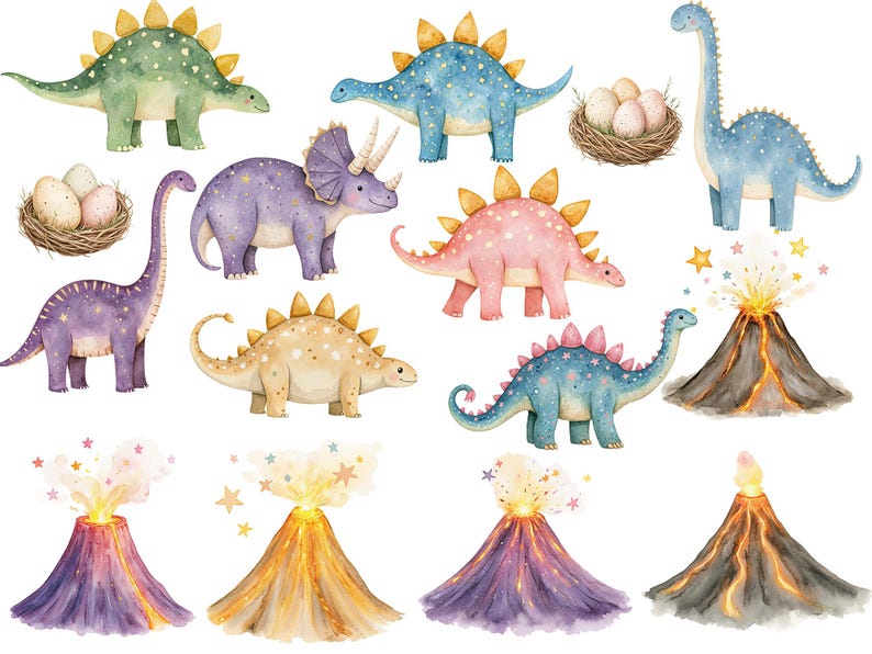 Dinosaur nursery PNG elements with watercolor baby dinosaurs, speckled eggs in nests and colorful erupting volcanoes, arranged as separate printable clipart pieces.