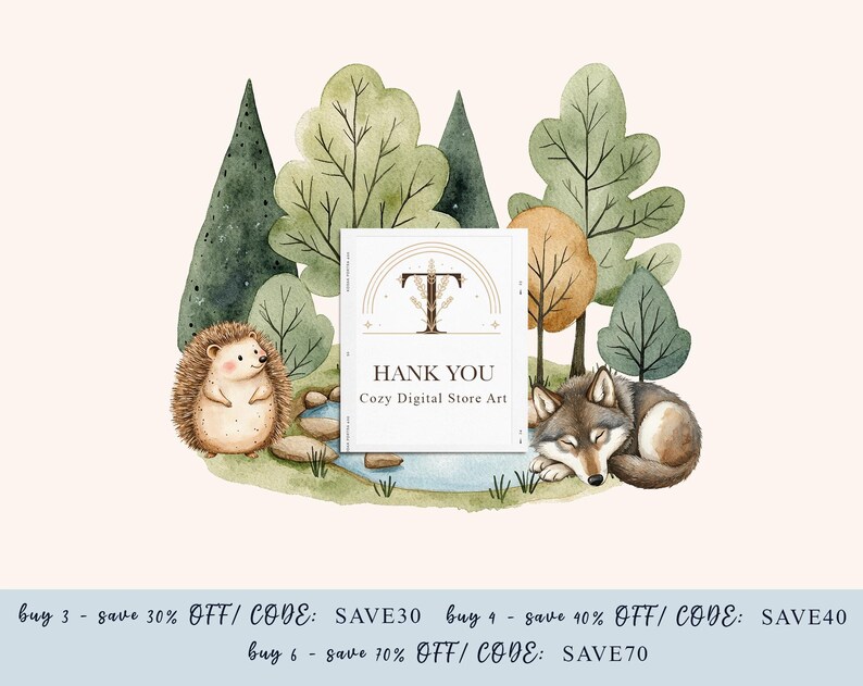 May include: A watercolor illustration of a woodland scene with a hedgehog, a wolf, and a thank you card. The card has the text "Thank You" and "Cozy Digital Store Art".