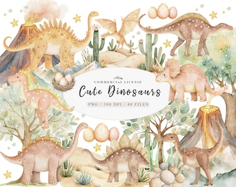 Könnte beinhalten: Ein Set mit 40 Aquarell-Illustrationen von niedlichen Dinosauriern in verschiedenen Posen. Die Dinosaurier sind in Rosa-, Braun- und Gelbtönen mit goldenen Glitzerakzenten gehalten. Die Illustrationen beinhalten einen Vulkan, Kakteen und Eier.