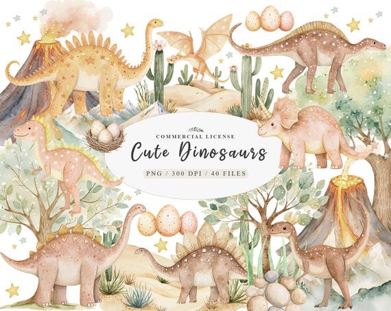 Watercolor prehistoric cute dinosaur triceratops t-rex clipart, Wild baby animals dinosaurs png, Dino egg clipart, Volcanic mountain png
