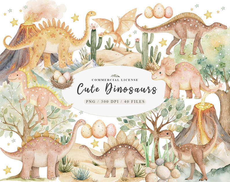 May include: A set of 40 watercolor illustrations of cute dinosaurs in various poses. The dinosaurs are in shades of pink, brown, and yellow with gold glitter accents. The illustrations include a volcano, cacti, and eggs.