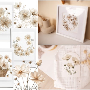 May include: Four printable art prints featuring watercolor illustrations of delicate white and brown cosmos flowers. The prints are displayed in white frames and on a white fabric surface with dried flowers.