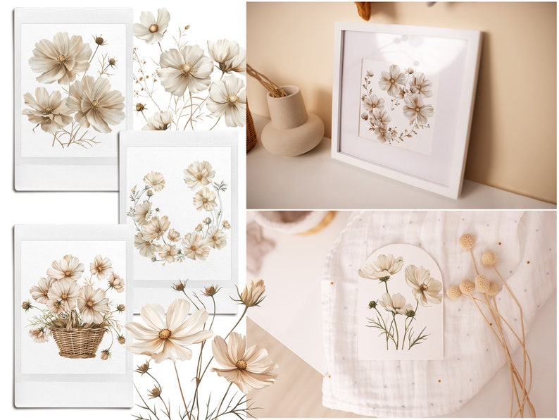 May include: Four printable art prints featuring watercolor illustrations of delicate white and brown cosmos flowers. The prints are displayed in white frames and on a white fabric surface with dried flowers.