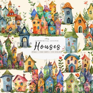 Clipart maisons originales, maisons originales, clipart château, maisons fantaisistes, maison de jardin féerique, clipart magique, usage commercial gratuit