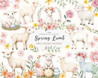 Watercolor spring floral baby lamb clipart bundle, Easter cute lamb and wildflower meadow clipart, Cute Farm animals floral lamb png