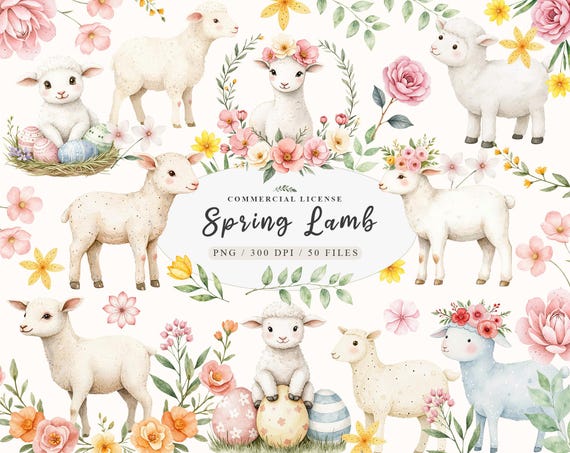 Watercolor spring floral baby lamb clipart bundle, Easter cute lamb and wildflower meadow clipart, Cute Farm animals floral lamb png