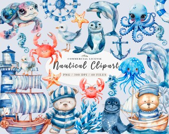 Nautical Marine Clipart Set with Teddy Bear Sailor and Sea Creatures, Cute Adventure Clipart Bundle, Little boat boy png, Sailor clipart
