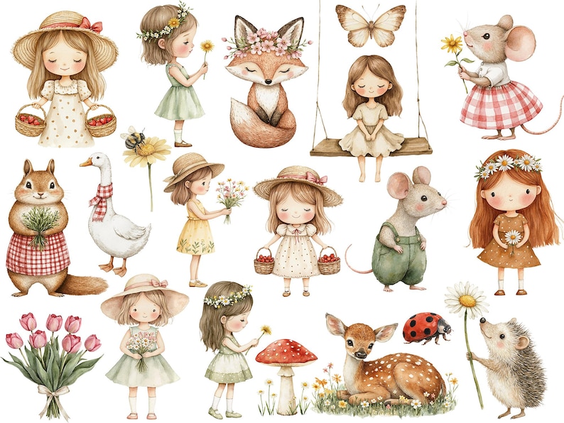 Watercolor Spring Cute Girl Floral Woodland Animals Clipart Bundle ...