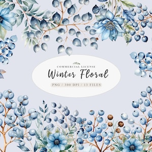 Arte Floral Sazonal Bagas, Pacote de Ramos, Buquês de Aquarela, Pacote de Clipart de Flores Delicadas e Folhagens, Pacote de Maravilhas do Inverno