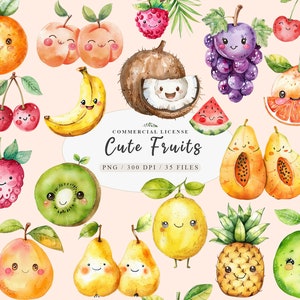 Imágenes prediseñadas de frutas lindas, imágenes prediseñadas de frutas kawaii, personajes de frutas png, imágenes prediseñadas de frutas divertidas, frutas tropicales de acuarela, caras de frutas png