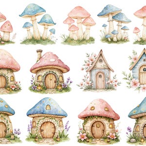 Watercolor magical Garden Fairies Clipart, Cute nature fairies Forest Birthday Bundle for Fantasy Illustrations, Fairytale House magic pink