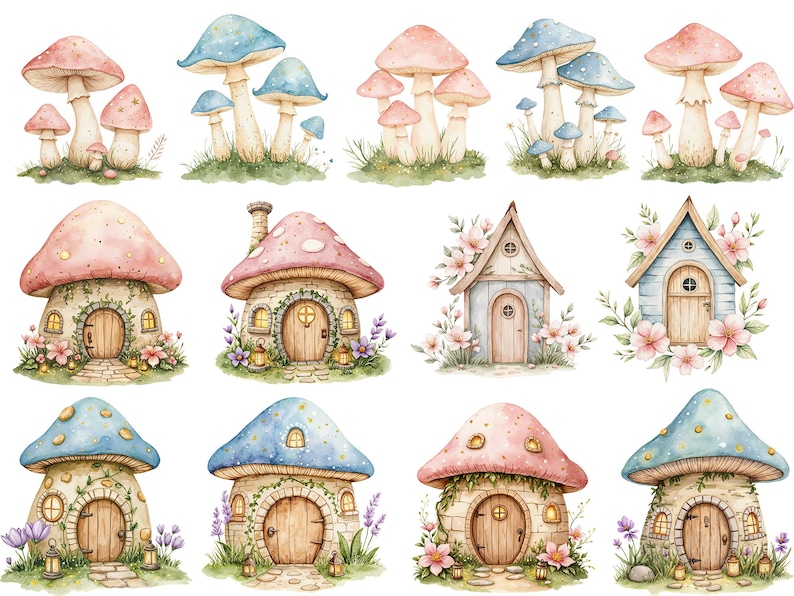 Watercolor magical Garden Fairies Clipart, Cute nature fairies Forest Birthday Bundle for Fantasy Illustrations, Fairytale House magic pink