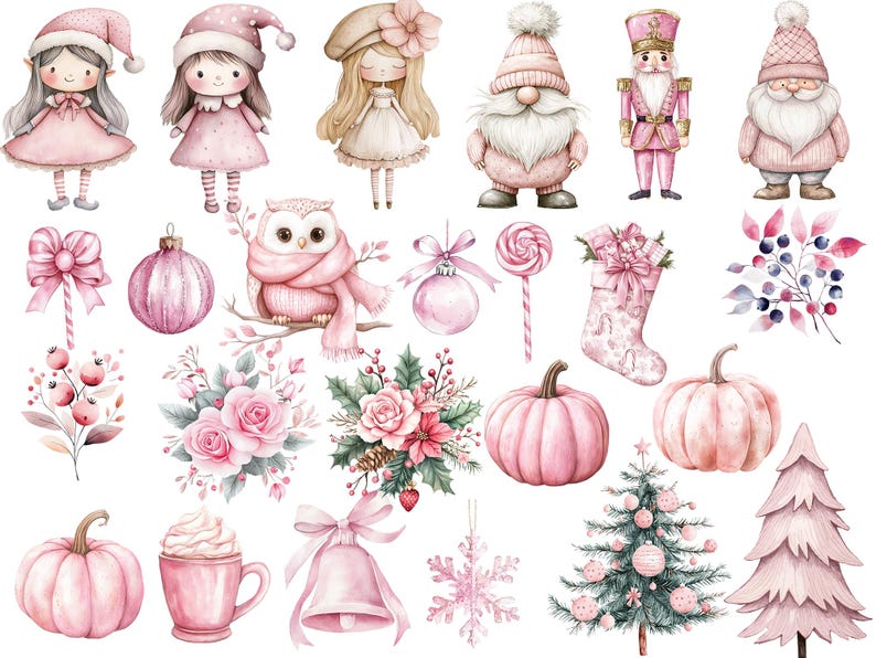 Pink trendy Christmas clipart bundle featuring Santa, boho blush woodland animals, and winter wreaths. Perfect for digital planners, printable stickers, invitations, and more. High-quality PNGs for instant download — ideal for holiday crafts, scrapbooking, and creative projects. Digital product only.