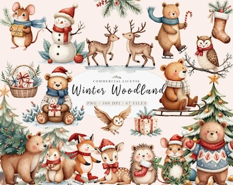 Sweet Christmas woodland animals enchanted forest clipart Bundle, Winter woodland reindeer clipart, Boho  forest animals clipart
