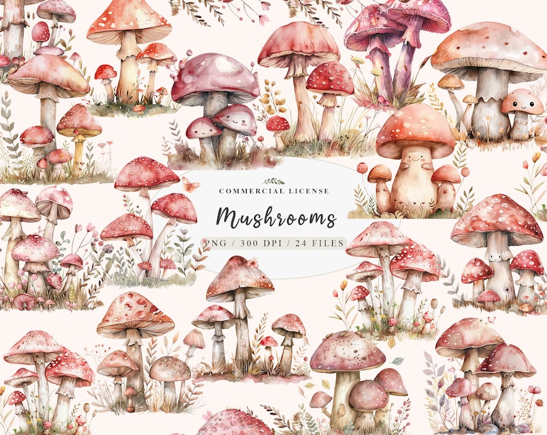 May include: A collection of 24 watercolor illustrations of mushrooms in various sizes and colors. The mushrooms are depicted with intricate details and are set against a light pink background.