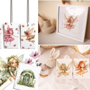 May include: Set of printable digital art featuring watercolor illustrations of fairies with floral accents. The fairies are depicted with wings, flowing dresses, and delicate features. The illustrations are perfect for adding a touch of whimsy and magic to any project.