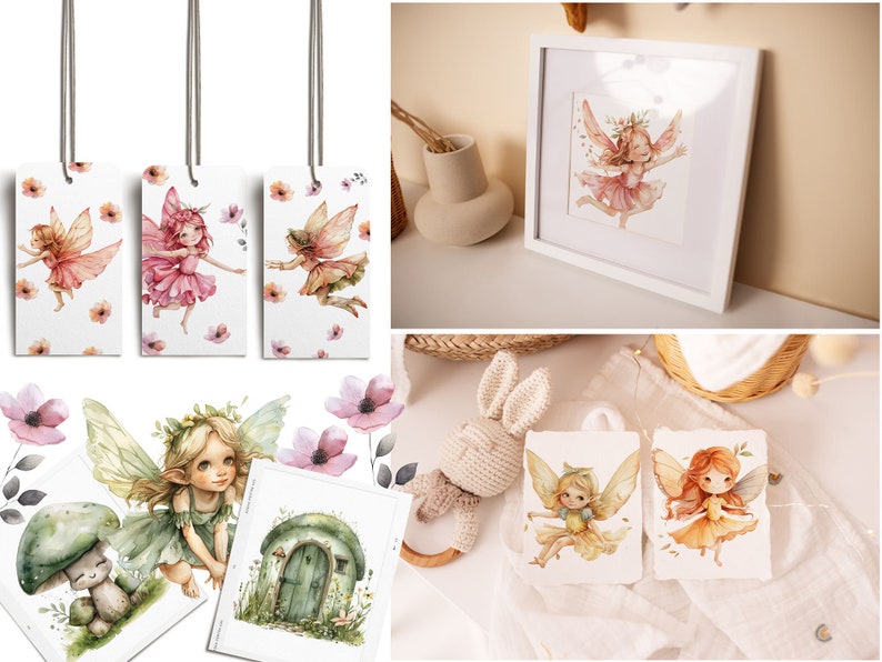 May include: Set of printable digital art featuring watercolor illustrations of fairies with floral accents. The fairies are depicted with wings, flowing dresses, and delicate features. The illustrations are perfect for adding a touch of whimsy and magic to any project.