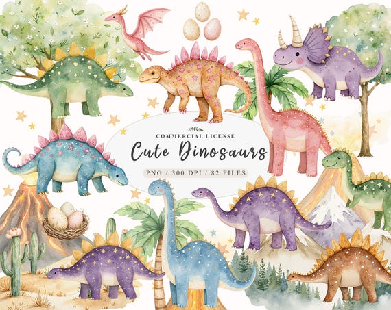Watercolor Cute Dinosaur Clipart Bundle, Baby Dinosaur PNG, Dino Birthday Nursery, Triceratops Volcano Printable