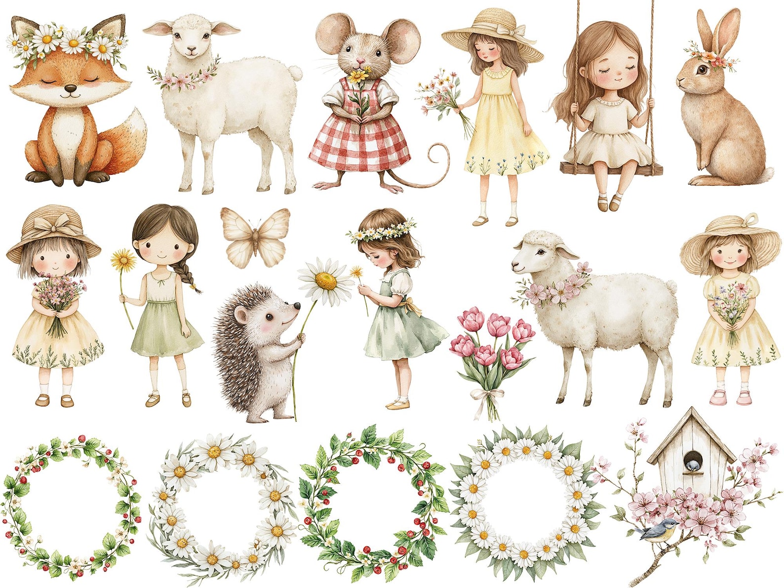 Watercolor Spring Cute Girl Floral Woodland Animals Clipart Bundle ...