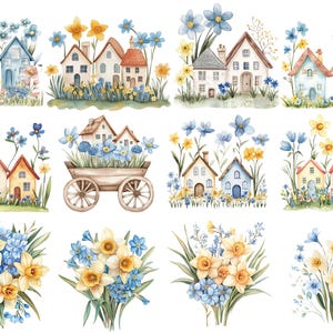 May include: Watercolour illustration of houses with blue and yellow flowers. The houses are painted in pastel colours and have white trim. The flowers are arranged in bouquets and are surrounded by green leaves.