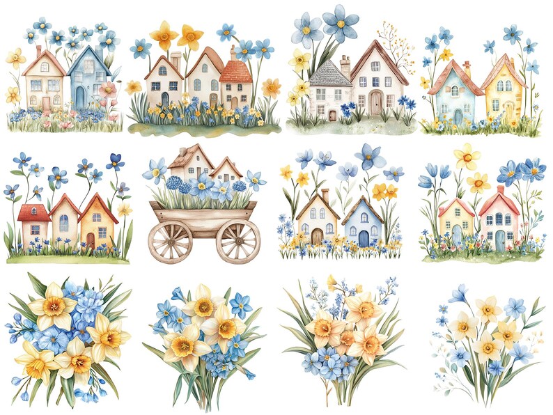 May include: Watercolour illustration of houses with blue and yellow flowers. The houses are painted in pastel colours and have white trim. The flowers are arranged in bouquets and are surrounded by green leaves.
