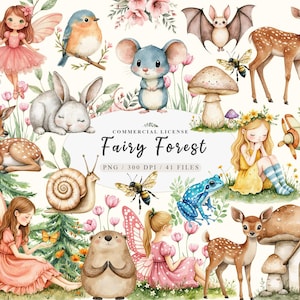 Charmante sprookjes bosdieren clipartbundel, betoverde vrienden bos zoete clipart, baby dieren herten clipart, kleine tuin kawaii png