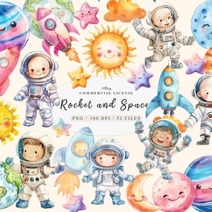 Aquarell Raum kleine Junge Astronaut Clipart Bundle, kleine Geburtstagsparty Clipart, süße Astronaut Png Pack, Planet Rakete Clipart