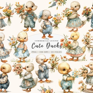 Charmante Enten-Aquarell-Clipart mit Wildblumen-Blumenstrauß PNG-Bundle, Ostern Entenvogel Clipart, wunderliche Daisy Duck Art Clipart