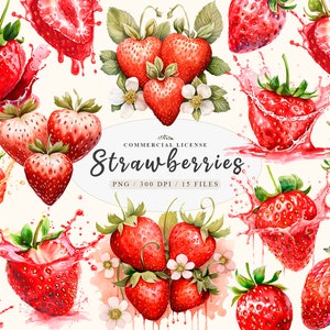 Erdbeermilch, Aquarell Erdbeeren Clipart, Erdbeeren Grafiken, Dessert Clipart, Erdbeeren Zeichen, Obst png, freie kommerzielle Nutzung