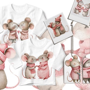 May include: Two sets of white long-sleeved shirts with pink and brown mouse illustrations. The mice are wearing pink scarves and are kissing. One set of shirts has a smaller mouse illustration with a heart balloon. The other set of shirts has a larger mouse illustration with a heart balloon. There are also four pink and brown mouse illustrations on gift tags and a white photo frame.