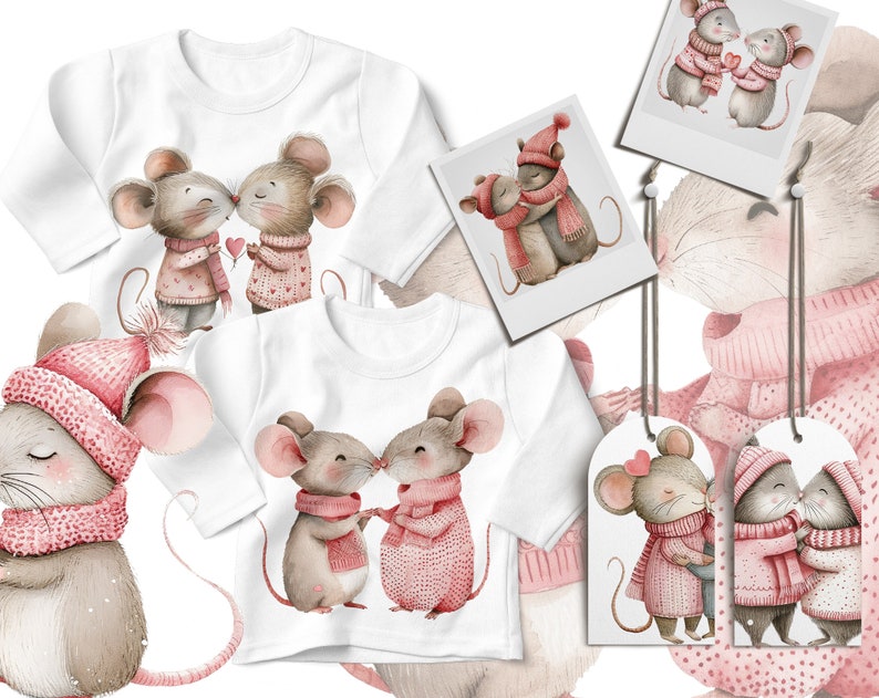 May include: Two sets of white long-sleeved shirts with pink and brown mouse illustrations. The mice are wearing pink scarves and are kissing. One set of shirts has a smaller mouse illustration with a heart balloon. The other set of shirts has a larger mouse illustration with a heart balloon. There are also four pink and brown mouse illustrations on gift tags and a white photo frame.