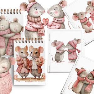 May include: Set of six illustrated cards featuring cute mice couples in various poses, wearing pink and white winter clothing, holding hearts and flowers. The cards are perfect for Valentine's Day or any occasion.