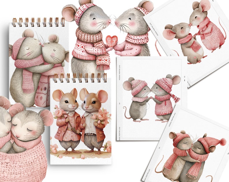 May include: Set of six illustrated cards featuring cute mice couples in various poses, wearing pink and white winter clothing, holding hearts and flowers. The cards are perfect for Valentine's Day or any occasion.